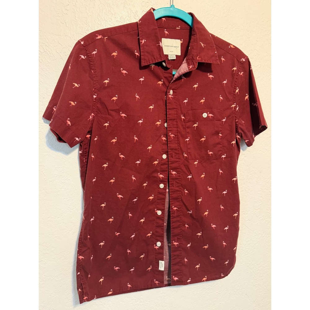 American Eagle Flex Men Shirt XS Flamingos Button Up Dark Red Stretch Valentine - Picture 10 of 13